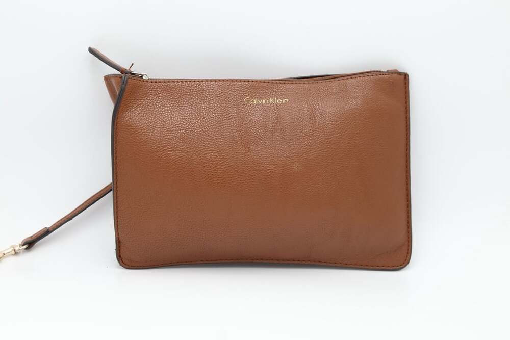 Calvin Klein Brown Pebbled Leather Wristlet Clutch